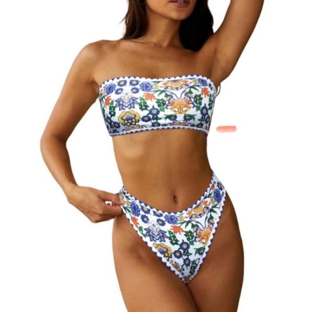 NEW Zaful women’s Floral Strapless bandeau Bikini Set lace up back cheeky swim